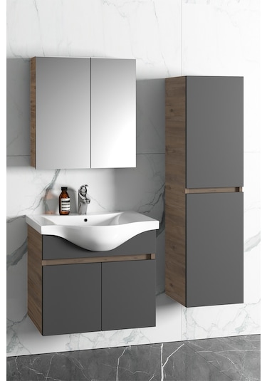 Yıldız 55+35 Cm Atlantik Çam- Antrasit Gri Mat Mdf Seramik Lavabo Antrasit - Atlantik Çam