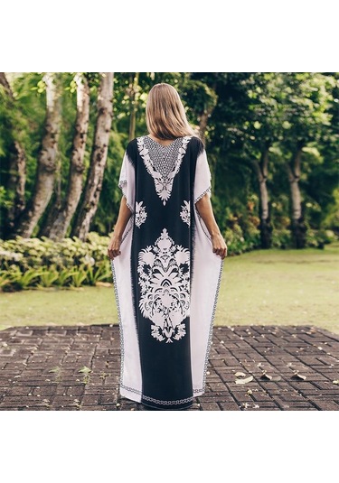 Edolynsa Kadın V Yaka Etnik Baskı Kaftan Siyah