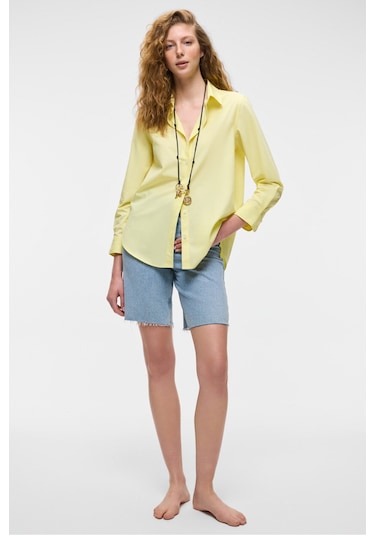 DELFINO Kadın Oversize %100 Organik Pamuk Uzun Kollu İnce Uzun Sarı Gömlek