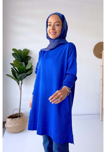 Dik Yaka Merserize Tunik - Saks Saks Mavi