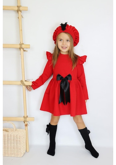 Kız Çocuk Kırmızı Sofia Pamuklu Fiyonk Detaylı Elbise Kep Abiye Takım Kırmızı