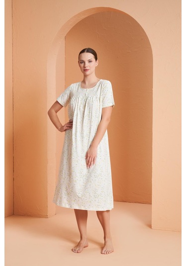 Pjs 27160 Kadın Çiçek Desenli Düğmeli Yaka Kısa Kol Gecelik Ekru