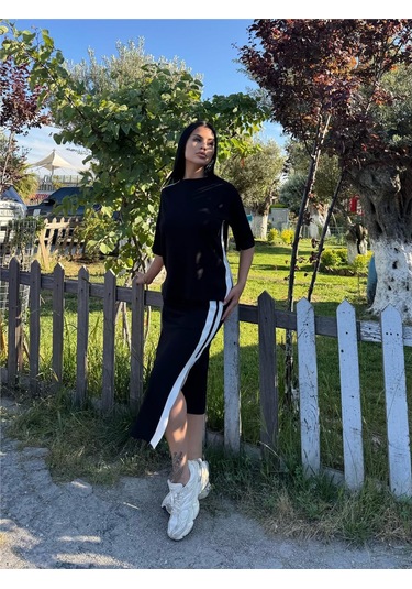 Siyah Polyester Keten Çizgili Yandan Takım Siyah