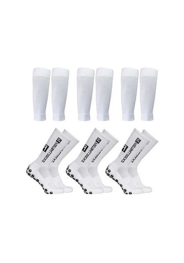 Pazly 3 Çift Beyaz Futbol Çorabı + 3 Çift Polyester Baldır Kılıfı Seti, Gümüş Renk Gümüş