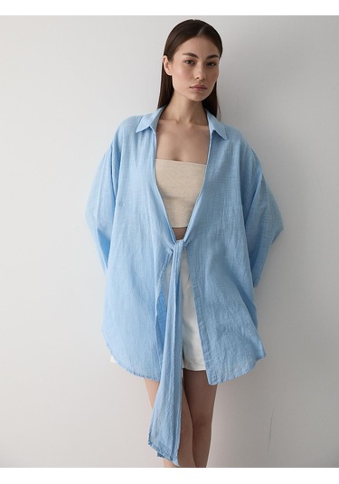 Mavi Flam Keten Kimono Gömlek Mavi