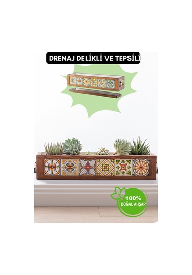 Halohope El Yapımı 6 Meksika Çinili Dekoratif Modern Ahşap Dikdörtgen Kaliteli Bahçe Balkon Saksı Saksılık