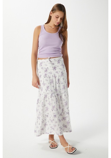 Kadın Rebekka Çiçekli Lila Astarlı Uzun Etek 17639 Beyazlila Beyaz - Lila