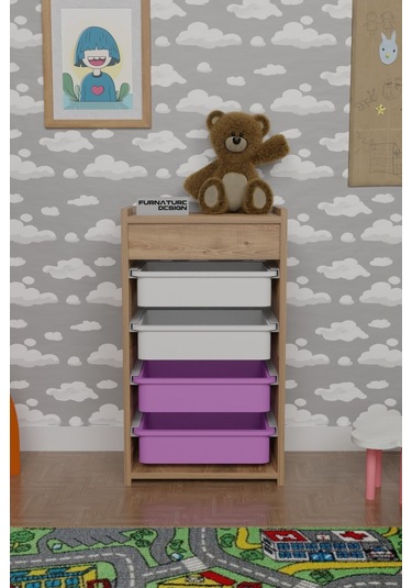 4 Sepetli Çok Amaçlı Oyuncak Dolabı Atlantik Çam Beyaz - Pembe Kahverengi