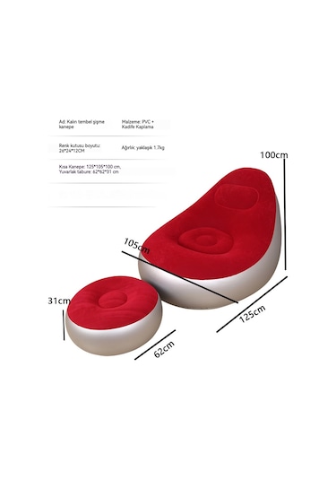 Snapbuy Şişme Koltuk, Ayak Dayamalı, İç Dış Mekan Kullanımına Uygun, Kadife Kaplamalı Berjer 2'li Set Kırmızı