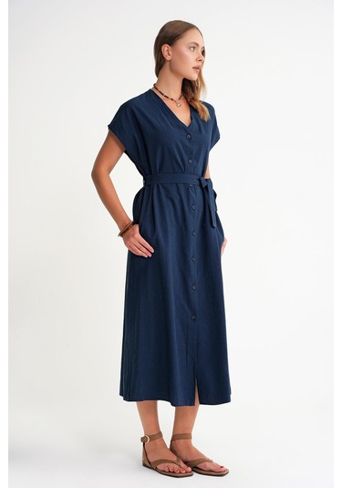 4721 Kadın V Yaka Düğme Detaylı Keten Elbise Lacivert Lacivert