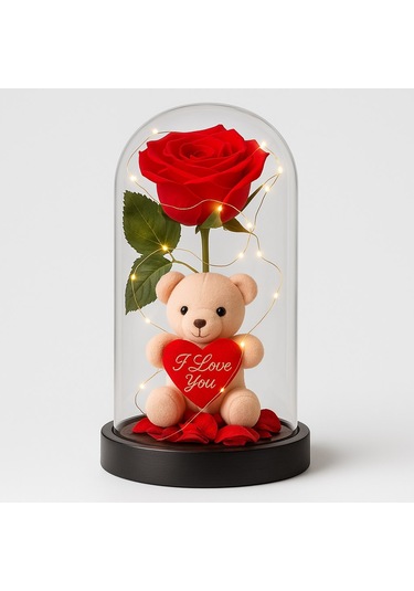 Led Işıklı Mika Fanus İçinde Gül Ve Lüx Peluş Ayıcık 20 Cm Sevgiliye Hediye Kırmızı
