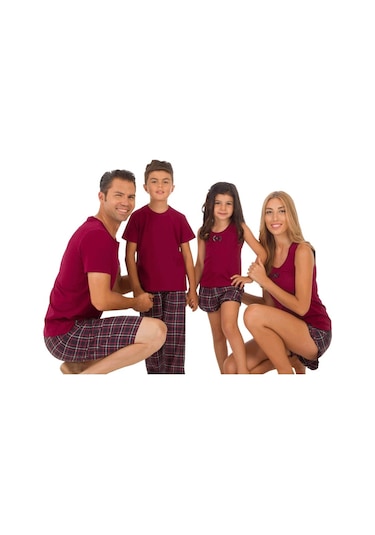 The Don Aile Bordo Ekose Desenli Kız Çocuk Şort Takımı (9-14 Yaş)