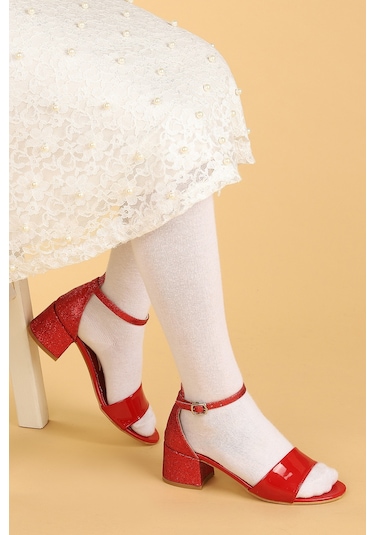 Kiko Kids 768 Ayna Kum Günlük Kız Çocuk 3 CM Topuklu Sandalet Ayakkabı Kırmızı 001