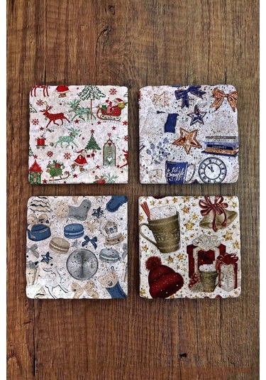 Doğal Taş Bardak Altlığı Yeni Yıl - Yılbaşı Uv Baskılı 4'lü Set -christimas Stone Coasters Çok Renkli
