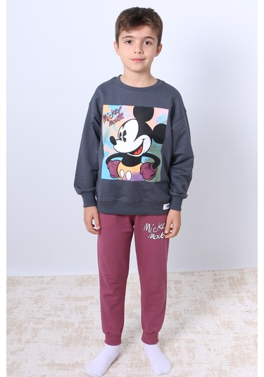 Erkek Çocuk Eşofman Takımı Mickey Mouse Baskılı Ribanalı F4 Vişne Çürüğü