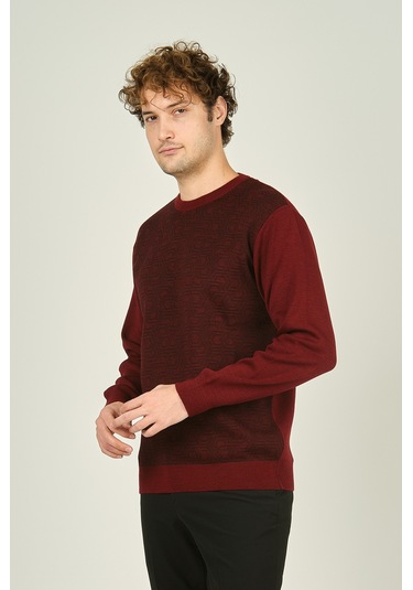 Ateş Triko Erkek Bisiklet Yaka Desenli Yün Kazak 3035 Bordo