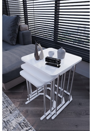 3' Lü Kare Zigon Sehpa Gümüş Ayak Beyaz 18 Mm Mdf Beyaz - Gümüş