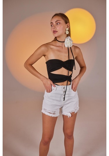 Holly Lolly Yırtık Detaylı Likralı Distressed Jean Şort Beyaz