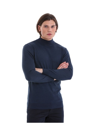 Hatemoğlu İndigo Regular Fit Düz Yarım Balıkçı Yaka Yünlü Triko Kazak İndigo