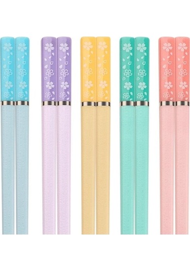 Agoodshop Çok Renkli Pembe 5 Adet Japon Yemek Çubukları Seti, Yeniden Kullanılabilir Metal, Sağlıklı Sofra Seti Çok Renkli