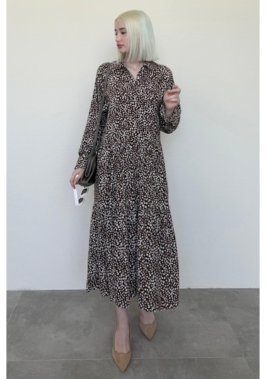 Madmext Kahverengi Uzun Kollu Düğmeli Desenli Elbise Mg2431 Kahverengi
