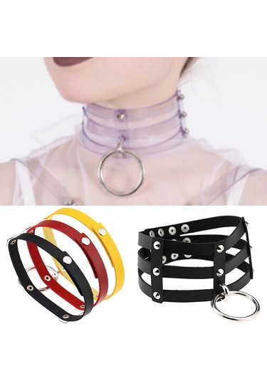 Harajuku Moda Punk İk Perçin Yaka El 3 Sıralı Kafesli Deri Yaka Kolye Kırmızı Çok Renkli