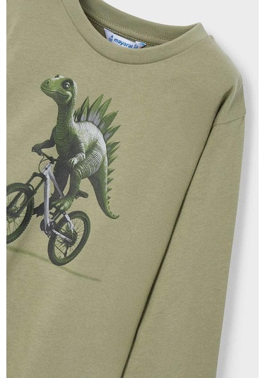 Erkek Çocuk Normal Kalıp Uzun Kollu Dinozor Baskılı T-shirt - Yeşil Kahverengi