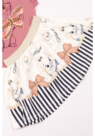 Kız Çocuk Takım Etekli Kedi Baskılı Kol Detaylı A66 Pudra