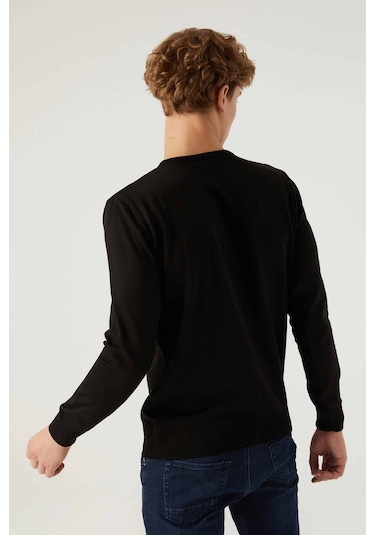 Regular Fit Siyah Tüylenme Yapmayan Bisiklet Yaka Triko Kazak Siyah
