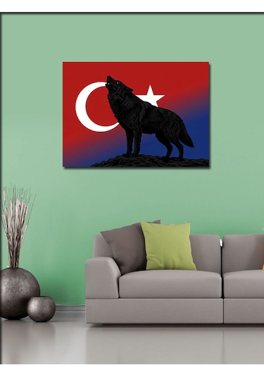 Kanvas Tablo Türk Bayrağı Ve Kurt Silüeti