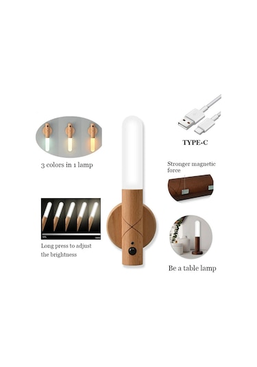 Padalink Ahşap Usb Şarjlı Hareket Sensörlü Led Duvar Lambası - 3 Renk Ayarı 3000-6000k - Otomatik/açık/kapalı Mod - Zımba İle Kolay Kurulum - 2 Adet Set Açık Kahve, Mat Kahverengi