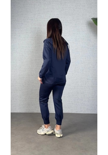Defymoda Kadın Uzun Kollu Kapüşonlu Ikili Takım Mavi