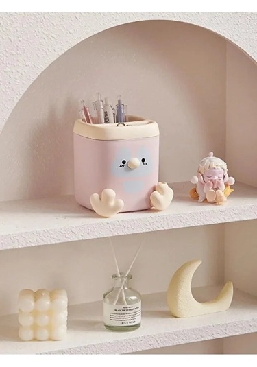 Pembe Renk Sevimli Penguen Kalemlik Kalem Kutusu Ve Kalemtıraş 11x9.5x9.5 Cm