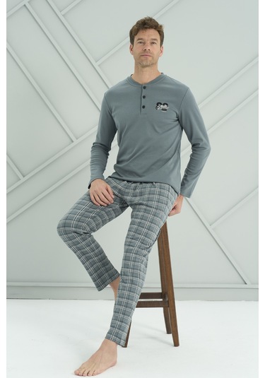 Erkek Interlok Penye Uzun Kol Pijama Takımı 2230 Yeşil Yeşil
