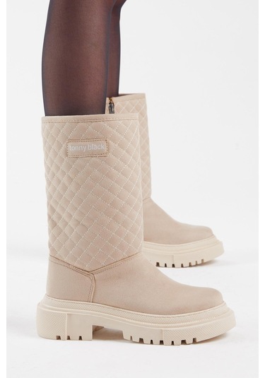 Kapitone Desenli Rahat Kalıp Uzun Kadın Bej Bot Tber205 Bej