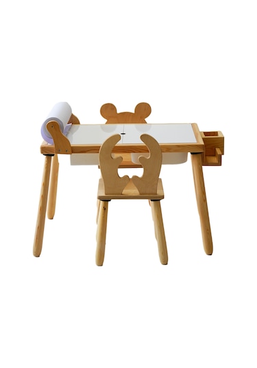 Woodnjoy Wood & Joy Ahşap Duyusal Çocuk Aktivite Masası 2 Sandalye Seti + Rulo Kağıt - Beyaz