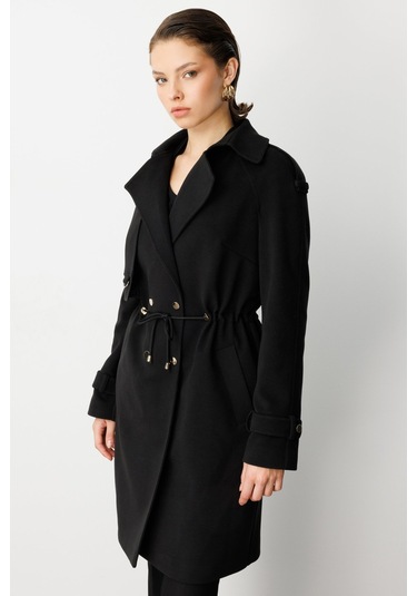 Ekol Kadın Beli Bağcıklı Apoletli Kaban 6037 Siyah Siyah