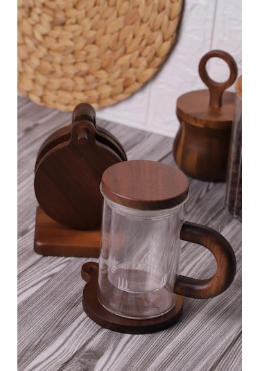 Mien Akasya Bardak Altlığı Set Standlı Kahverengi