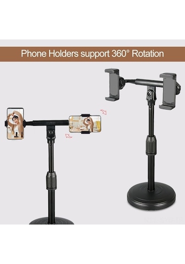 Sandwich Siyah Masaüstü Çift Telefon Tutucu, 22-32cm Yükseklik Ayarlanabilir, 360 Döner, Yayın, Tv İzleme İçin Esnek, Online D