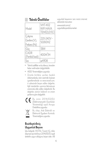 Vestel VHT402 WIFI Hava Temizleme Cihazı