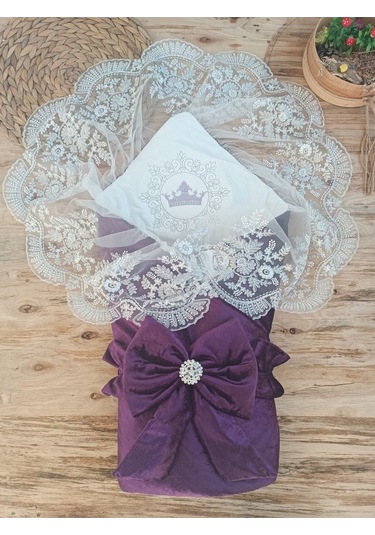 Kadife Kız Bebek Battaniyesi Dantelli Kundak Hastane Çıkışı Yenidoğan %100 Doğal Pamuktan Hediyelik Mor