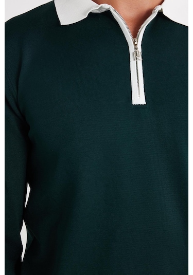 Erkek Standart Fit Uzun Kol Yarım Fermuarlı Polo Yaka Yeşil Kazak-35799 Yeşil