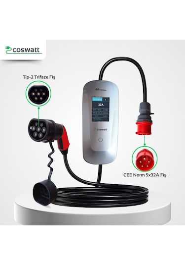 Elektrikli Araba Taşınabilir Şarj Cihazı 22 Kw / 32a / Tip-2 / 5x32a Fiş / Trifaze / 5m / Çantalı / Ev Tipi Dönüştürücü Kablolu 22 Kw