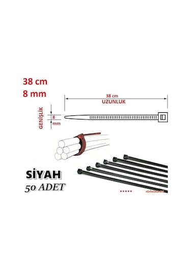 50 Adet Pemsan 38Cm X 8Mm Plastik Cırt Kelepçe Siyah