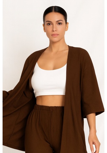Bürümcük Kumaş Kimono Hırka Alt-üst Takım M-6xl Kahverengi