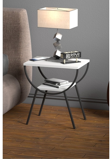 Yan Sehpa Komodin Metal Ayak Beyaz Beyaz Düz