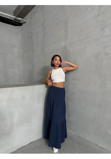 Kadın Pamuklu Maxi Boy Müslin Etek Lacivert Kadın Pamuklu Maxi Boy Müslin Etek Lacivert