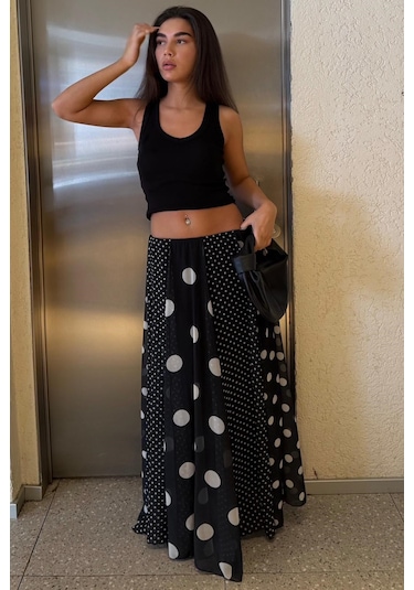 Madmext Siyah Çoklu Puantiye Desen Maxi Etek Mg2839