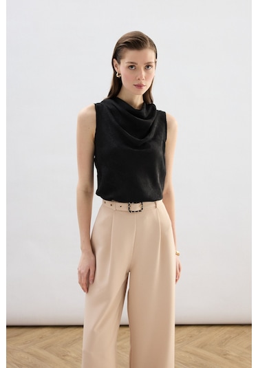 Sateen Degaje Yaka Bluz - Siyah-136752 Siyah
