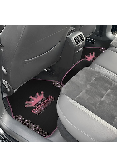 Işıltıya Hazır Ol, Bu Yol Senin Pembe Taşlı Prenses Taç Desenli 5 Li Nakışlı Oto Halı Paspas Seti